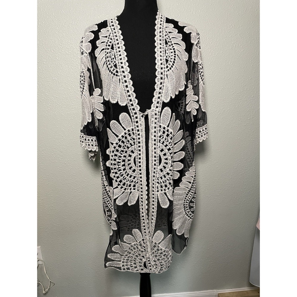 Womens Sheer Black White Floral Lace Kimono Cardigan Duster 80s Boho Chic - Picture 1 of 3